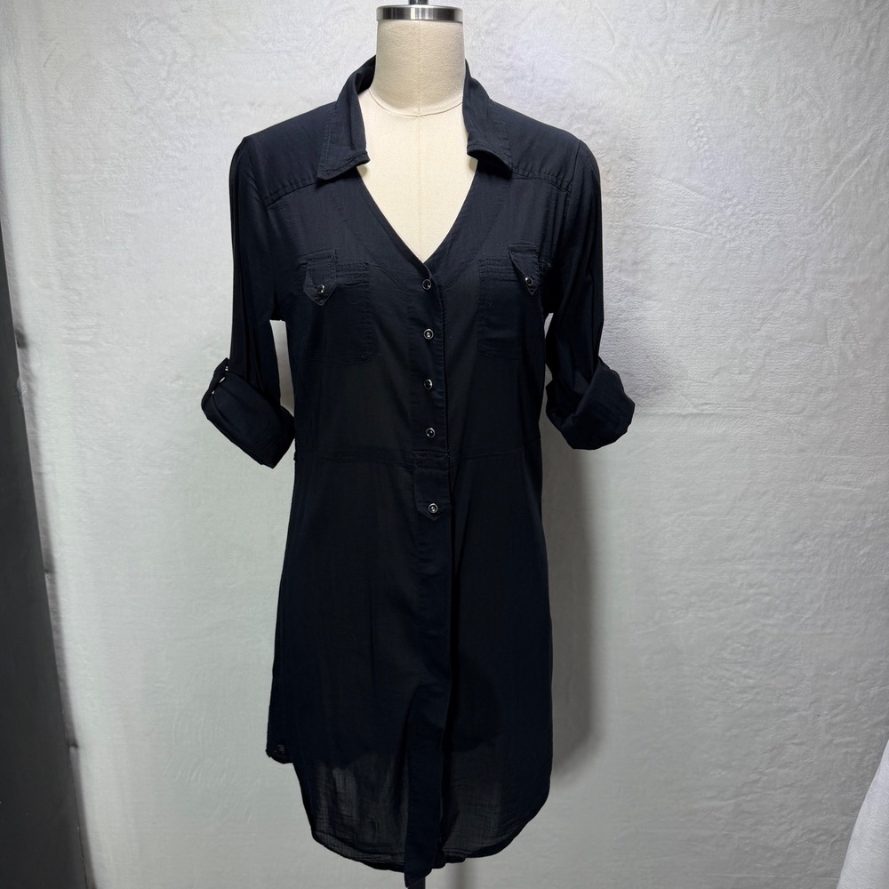 Athleta Black Sheer Button Down Shirt Dress Womens Small‎ Roll Tab Sleeve